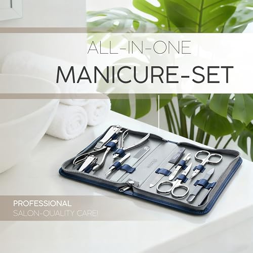 Manicure Set Women and Men – 12-Piece Professional Grooming Kit with Premium Tools, Genuine Leather Case, and exclusive Glass Nail File for Hand & Foot Care, German Quality - color: Blue