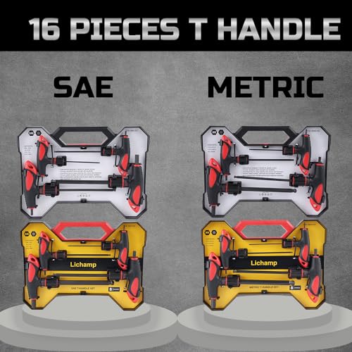 Lichamp 16 Pieces SAE and Metric T Handle Allen Wrench Set, 5/64-3/8 inch, 2-10mm, Ball Head, Standard Long Tee Handle Allen Hex Key Set, Heavy Duty Excellent - size: 5/64-3/8 inch, 2-10mm