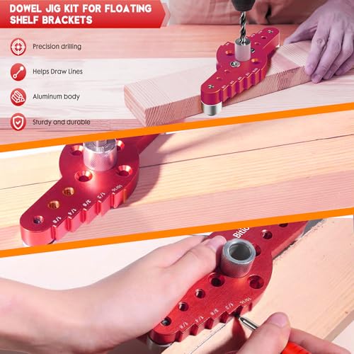 Dowel Jig Kit for Floating Shelf Bracket(& 1/2" x 11.8" Drill Bit), Self-Centering Scriber(& 1/4", 5/16", 3/8" Drill Bit),Drill Guide for Hidden Shelf Brackets & Mantels,Centering Hole Drill(Red) - color: Red