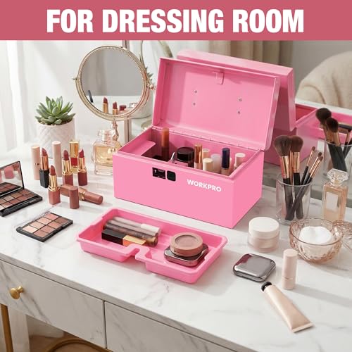 WORKPRO 10.8" Mini Metal Tool Box with Removable Tray - color: Pink