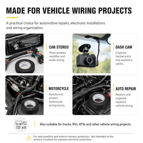 High Temp Self-Adhesive Wiring Harness Tape Durable Automotive Electrical Protection Tape Noise Damping Easy Application 3/4" x 50 ft 5 Rolls（19 mm x 15 m） - size: 3/4 in x 50 ft（5 Rolls）, style: 0.15mm-Thickness