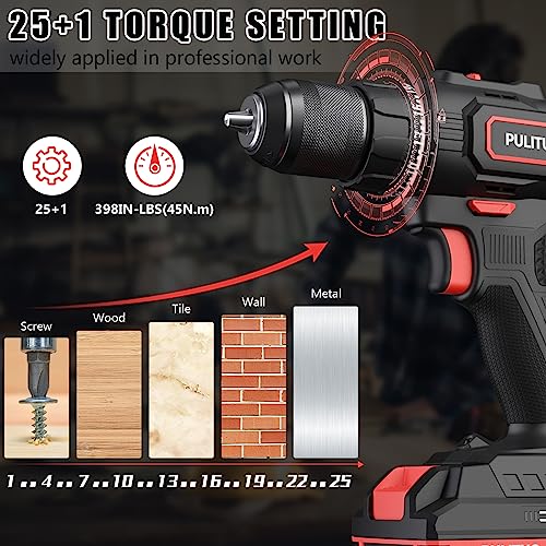 PULITUO Cordless Drill Set, 20V/2.0Ah Electric Power Drill, Torque 45N.m, 25+1 Torque Setting,1/2” Keyless Chuck, 2 Variable Speed Setting, with 43 PCS Bits, Storage Bag - style: ‎20v Drill Pro（Red）