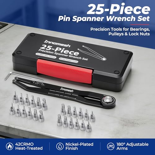 25 Piece Pin Spanner Wrench Set,42CRMO Heat-Treated,Nickel-Plated Finish,Adjustable Spanner Wrench for Bearings,Pulleys & Lock Nuts,Metric & Imperial Precision Pin Wrench,160mm Arms,180° Rotation