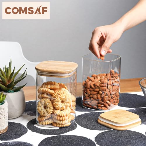 ComSaf Square Glass Containers with Lids 1.2 Qt, Set of 4 Pantry Glass Jars | Kitchen Glass Pantry Storage Containers, Storage Canisters, Silicone Seal, Dry Food, Cookie, Flour, Spice, Coffee, BPA Free - size: 1.2Qt*4