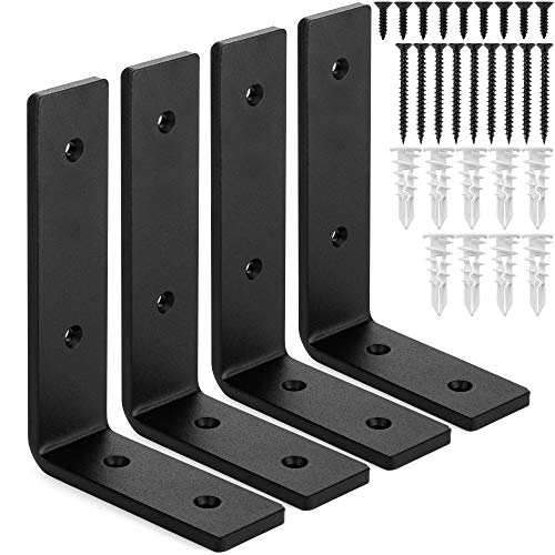 Premium Heavy-Duty Shelf Brackets - Quarter Inch (1/4') Thick - Rustic Industrial Modern Farmhouse Black Iron Finish Shelf Holder Hanger Bracket w/ Hardware, 4-PK - Multiple (6' x 4') - size: 6" x 4", style: L Bracket