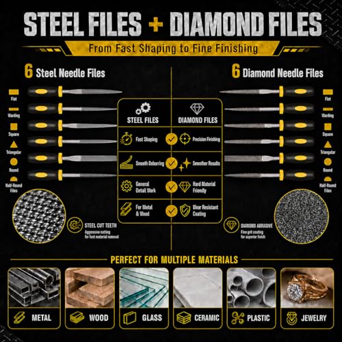 warmtree 28Pcs Metal File Set, Heavy Duty T12 Drop Forged Alloy Steel Files, Includes 4 Large Files, 6 Steel & 6 Diamond Needle File Set, 8 Sandpapers, Brush & Gloves, Metal Files for Wood, DIY