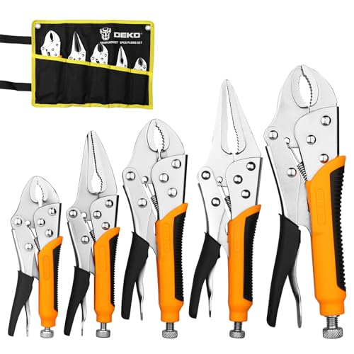 DEKOPRO 5-Piece Locking Pliers Set,Vice Grips Pliers Set with Cr-V,5"/7"/10" Curved Jaw Plier, 6.5"/9.5" Long Nose Plier