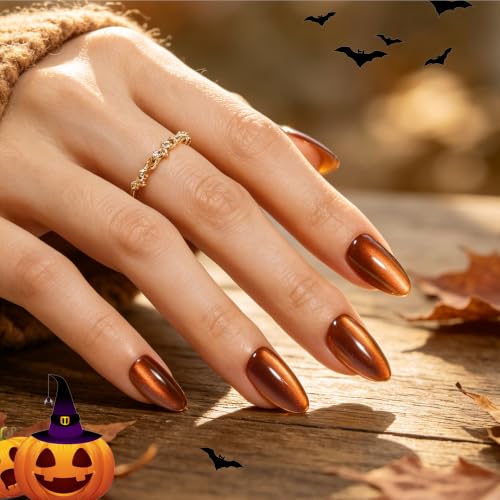 Beetles Cat Eye Press On Nails Short Almond, 32PCS, Pumpkin Spice Halloween - color: 3A - Burnt Caramel - S