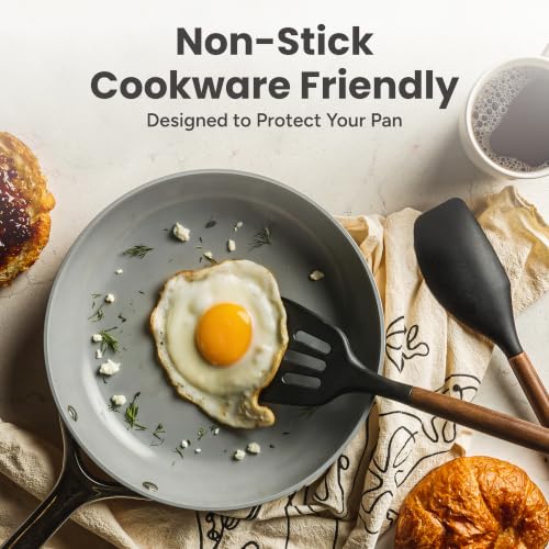 SMIRLY Silicone Kitchen Utensils Set, 22-Piece Acacia Wood Handle, Black - color: Black