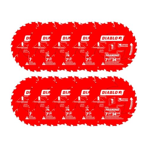 Diablo Framing Saw Blade for Wood - 7-1/4" x 24-Tooth, Thin Kerf, Anti-Vibration, Long Life for Framing & Pressure-Treated Wood, Tracking Point Tooth Design - Pack of 10 - D0724A - size: 5/8" Arbor x 7-1/4" Dia (10 Pack)