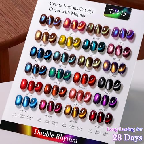 Double Rhythm 28Pcs 0.5Oz Cat Eye Gel Nail Polish Set Same Color Same Bottle Gel Polish Kit Nail Art Manicure Salon DIY at Home for Women (Dark Navy Blue Green Burgundy Brown-T24-15) - color: Iridescent Shadow