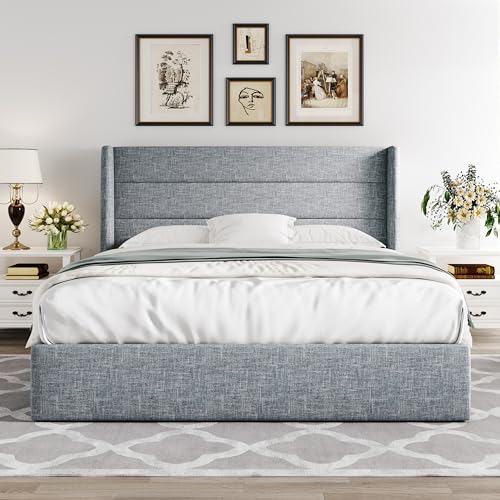 Allewie Full Size Lift Up Hydraulic Storage Bed Frame Blue Grey - color: Blue Grey, size: Full, style: Modern
