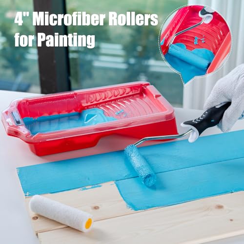 Mister Rui 4 Inch Mini Paint Roller Kit 12-Pc with Tray, Liners & Brush