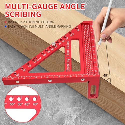 Large Carpenter Square 8.42" x7.67 Precision Woodworking Tools 15-90 Degree Versatile 3D Multi-Angle Square with Angle Pin for Woodworking,Engineering and Construction - color: Red