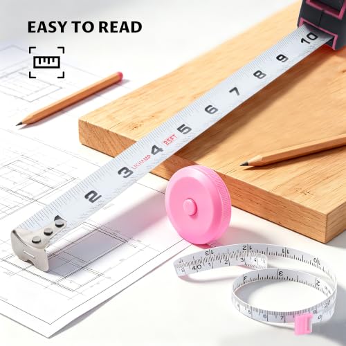 Lichamp Pink Tape Measure 4 Pack, 10ft x 5/8in, 16ft x 3/4in, 25ft x 1in