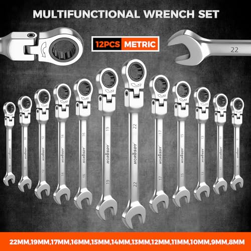 HORUSDY 12-Piece Metric Flex-Head Ratcheting Wrench Set 8-22mm, CR-V Ratchet Combination Wrenches with 72T 180° Flex Head, Magnetic Holder & Tool Bag for Auto, Motorcycle, Home & Repair - style: 12-Piece Metric Flex-Head Ratcheting - New Version