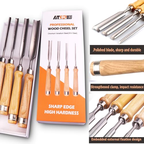 ATOPLEE 4 Pieces Wood Chisel Set for Woodworking, Professional Wood Chisel Tool Carpenter Gouge CR-V Steel Semi-Circular Edge Sharp Blade 8mm(5/16")/12mm(1/2")/18mm(3/4")/25mm(1") (Full Size-4PCS) - size: Semi-Circular-4 Piece Set (8mm/12mm/18mm/25mm)