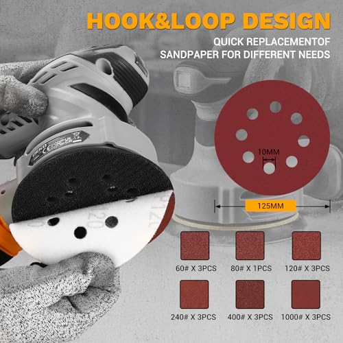 Random Orbital Sander: DEKOPRO 5" Corded 3.0 Amps Electric Sander with Dust Box, 6 Various Speeds Adjustable Palm Sander with Dust Box, 16Pcs Sandpapers for Woodworking & Sanding-Yellow