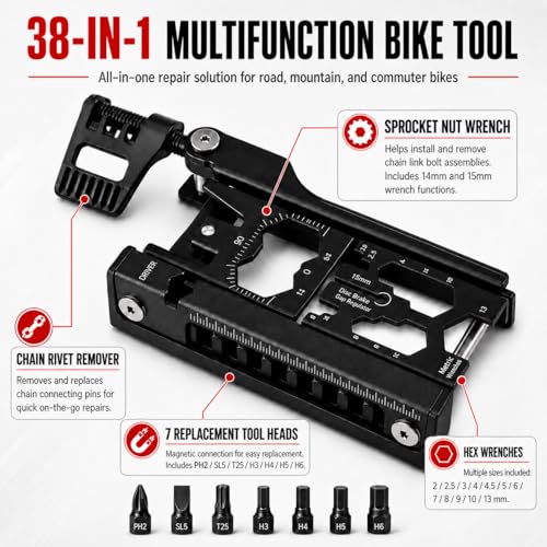 38-in-1 Bike Multitool – Portable Magnetic Bike Repair Tool Set with Tire Levers, Chain Cutter, Hex Wrenches, Spoke Wrenches, Box Spanner, Bottle Opener, and Includes Storage Bag