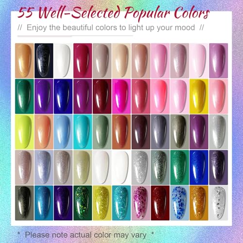 JODSONE 60 PCS Gel Nail Polish Starter Kit With U V Light 55 Kinds Of Color Glitter Gel Polish No Wipe Base And Glossy Matte Top Coat Easy To Apply - color: B22