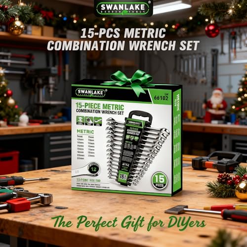 SWANLAKE 15-Piece Metric Combination Wrench Set, 12-Point Max Torque Open End Wrench Set, Cr-V Steel Wrenches 8, 9, 10, 11, 12, 13, 14, 15, 16, 17, 18, 19, 20, 21, 22mm with Storage Rack - style: 15pcs Metric Combination