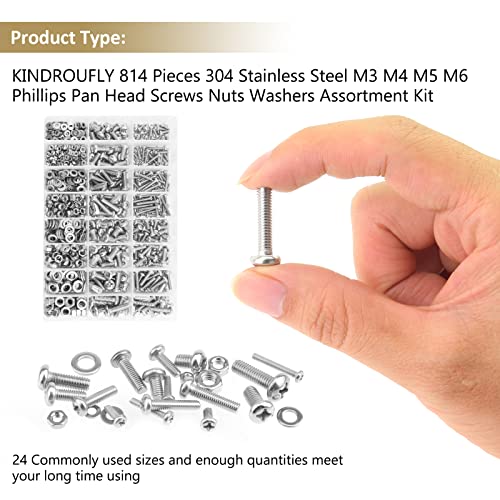 814 Pieces Phillips Pan Head Machine Screws Nuts Washers Kit, Kindroufly M3 M4 M5 M6 Screw Assortment Kit, Metric Screw Set, Bolts and Nuts, Machine Screws, 304 Stainless Steel, Fully Machine Thread - size: M3/M4/M5/M6, style: Phillips Pan Head
