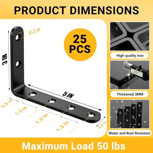 25Pcs Black Angle Brackets 3”x 5” Heavy Duty Corner Bracket 3MM for Wood | 3MM Thick Metal Corner Brackets 90 Degree Joint Hardware 5in Mounting Bracket for Wooden Furniture Cabinet Chair Bookshelf - size: Black-3x5 Inch