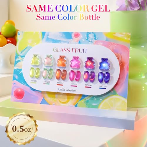 Double Rhythm Jelly Glass Cat Eye Gel Polish with Magnet 15ML Holographic Glitter Shimmer Translucent Sheer Color Magnetic Polish Salon DIY at Home (Grape Gold-MC1247) - color: Grapefruit Gold