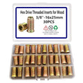 30pcs Threaded Inserts for Wood, 3/8"-16x25mm Screw in Nut Fasteners - size: 3/8"-16 x 25mm