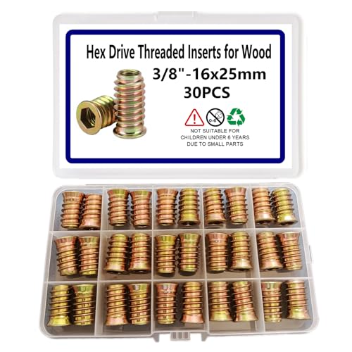 30pcs Threaded Inserts for Wood, 3/8"-16x25mm Screw in Nut Fasteners - size: 3/8"-16 x 25mm
