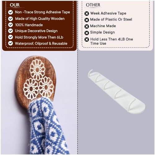 Indian Shelf 6 Wooden Adhesive Wall Hooks for Hats, Keys & Bags - color: Brown Style 2