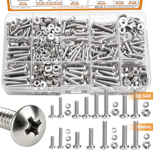 mankk 408PCS Machine Screws Assortment Kit, SAE & Metric Nuts Bolts - size: SS #6/#8/#10&M3/M4/M5, style: Phillips Pan Head