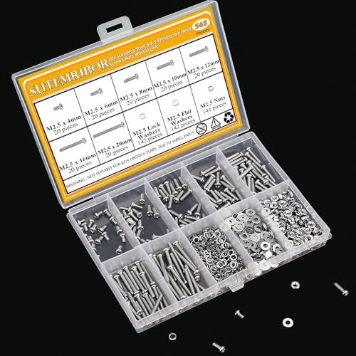 565 Pieces M2.5 Machine Screws Nuts Washers Set, Sutemribor M2.5 x 4/6/8/10/12/16/20mm Phillips Pan Head Machine Screws Nuts Washers Assortment Kit, 304 Stainless Steel, Fully Threaded - size: M2.5, style: Phillips Pan Head