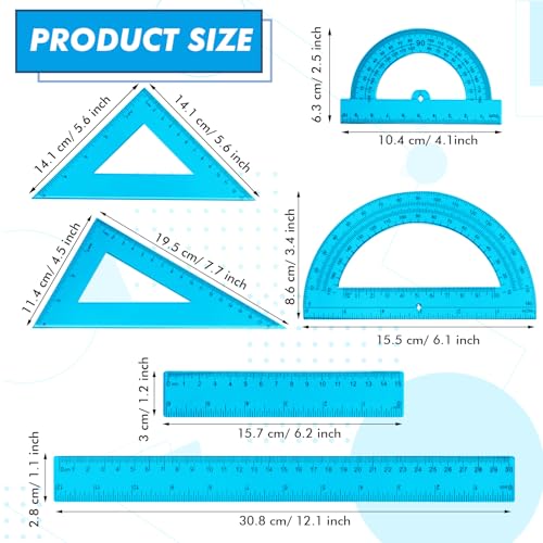 Tenare 6 Pcs Math Geometry Ruler Straight Protractor Triangle, Blue - color: Blue
