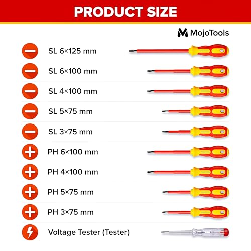 Insulated Screwdriver Set 1000V, 10-Piece Electrician Screwdriver Set with Voltage Tester, Magnetic Tips, Cr-V Steel, Slim Ergonomic Grip - style: Red yellow With Zipper Case