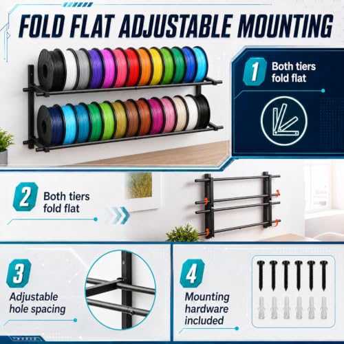 3D Printer Filament Storage Rack Wall Mount, 2 Tier Foldable Metal Shelving with Adjustable Hole Spacing for TPU ABS Nylon, 3D Printer Accessories for Studio Garage Workshop