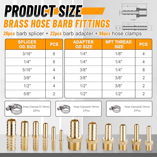 48PCS Brass Hose Barb Fittings with Clamp,Splicer Mender & Adapter - size: 48pcs barb splicer & barb adapter