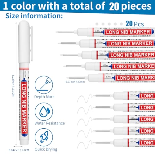 20 PCS Long Head Deep Hole Marker Pens,20mm Long Nib Marker,Longs Nose Markers,Waterproof Construction Markers Marking Tool,Permanent Markers Carpenter Ink marker Pens,Metal marking Pens,White - color: 20PCS-20MM White
