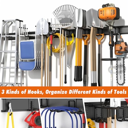 Housolution Garage Wall Organizer 64 Inch - 18Pack Carries 570 lbs | Garage Tool Organizer Storage System, 4 Rails with 12 Adjustable Hooks, Garden Tool Organizer for Warehouse, Workshop