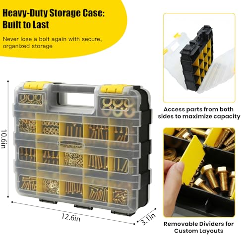 1075 Pcs Metric Bolts and Nuts Assortment Kit – Grade 8.8 | M4 M5 M6 M8 M10 M12 Hex Head Yellow Zinc Bolt Set with Nuts & Washers | 12-40mm Length with Heavy Duty Double-Sided Organizer