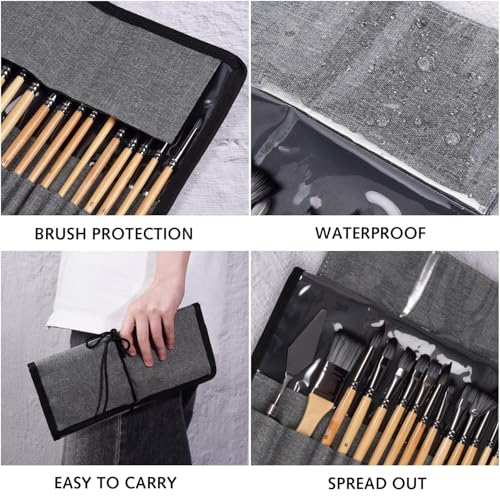 H & B 25PCS Paint Brush Set with Canvas Roll for Acrylic Oil Watercolor - color: Nature Wood