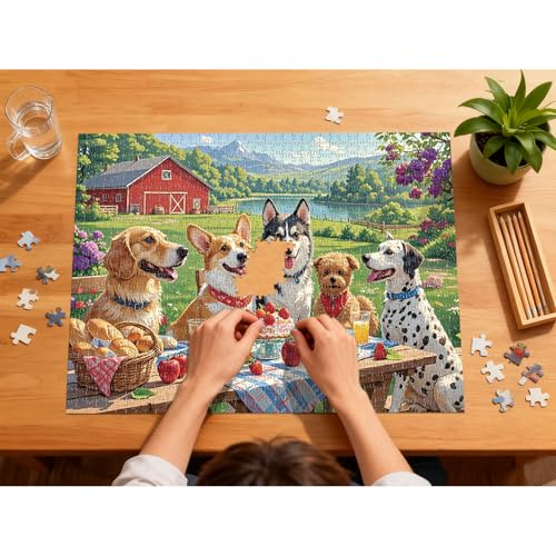 Puzzles for Adults 1000 Pieces - Dog-Themed Colorful Jigsaw Puzzles, Fun Family Game, Challenging Brain Teaser, 28 x 20 in, Great Gift Idea & Home Decor (Puppy Picnic) - color: Animal-puppy Picnic