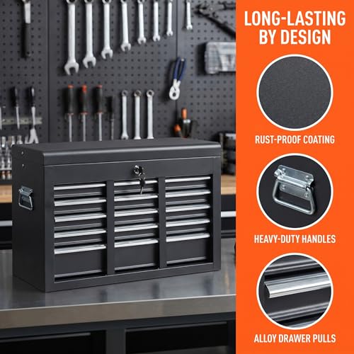 Winado 24" Portable Metal Tool Box, 5 Drawers Lockable Toolbox, Black - color: Black