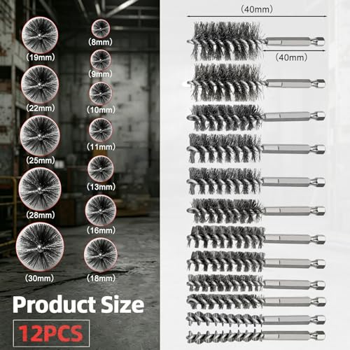 12 Pcs Stainless Steel Wire Bore Brush for Drill,5/16"-1-3/16" Cleaning Set ,Abrasive Drill Wire Brush with 1/4" Hex Shank, Different Sizes