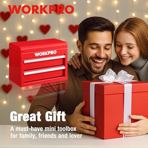 WORKPRO Metal Mini Tool Box with 2 Drawers and Top Storage - color: Red