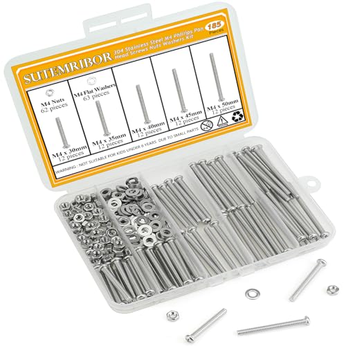 185 Pieces M4 x 30/35/40/45/50mm Machine Screws Nuts Washers Set, Sutemribor M4 Long Screws, M4 Phillips Pan Head Machine Screws Nuts Washers Assortment Kit, 304 Stainless Steel, Fully Threaded - size: M4 x 30-50mm, style: Phillips Pan Head