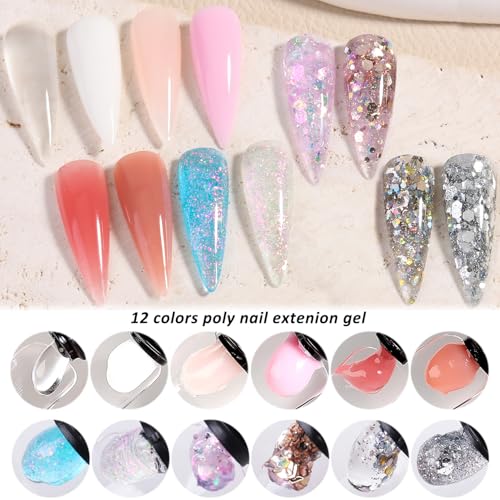 Fcozpjk Poly Nail Gel Kit with UV Light 12Colors Extension Gel Starter Kit - color: 12colors-6solid-6glitter-with-tools