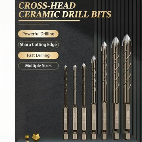 Carbide Tip Tile Drill Bit Set, 7 Piece Cross Head with Hex Shank, 3-12mm, for Ceramic, Glass, Concrete, Brick, Wood, Plastic