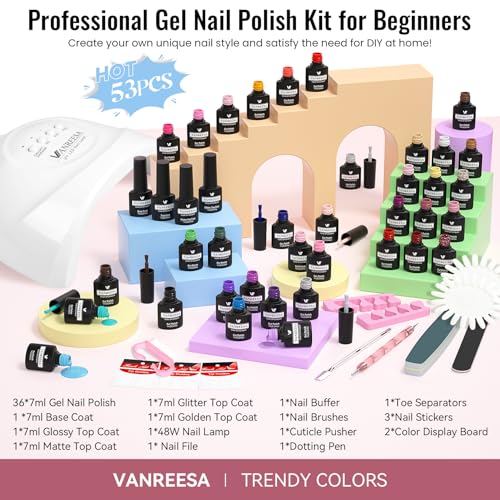 VANREESA Gel Nail Polish Kit with U V Light 53 Pcs Gel Polish Nail Set 36 Popular Colors Nail Polish Set with Base Coat 4 Effects Top Coat with Manicure Tools Complete Nail Kit Gifts for Women Girls - color: Elegant Rhythm