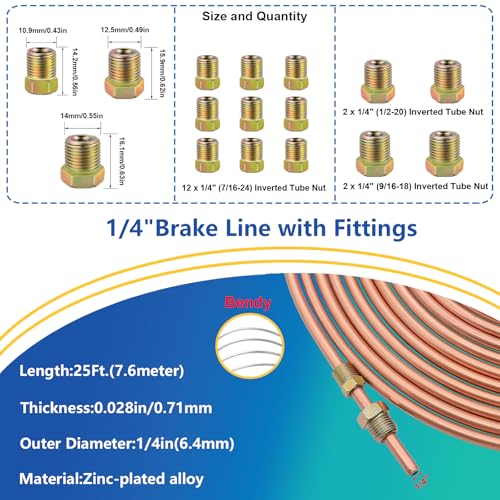 smseace 55Pack 3/16 Inch+1/4 Inch Brake line kit Include 25 FT Copper-Plated Brake Lines with Fitting(32pcs Fittings,4pcs Union+8pcs Nut) Brake line Bender,Single Flare Tool,Cutter Brake line kit - color: Gold-A, size: 3/16inch+1/4inch